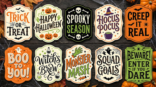 Collection of decorative halloween signs and festive vintage labels