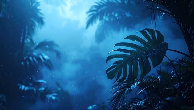 Tropical monstera leaf in rainy jungle at night