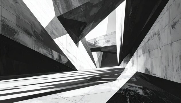 Geometric abstract interior of modern concrete building in monochrome