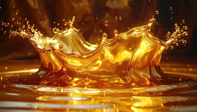 Golden liquid splash crown with droplets on reflective surface