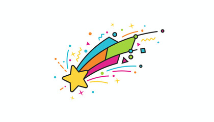 Obraz premium Colorful shooting star with a bright yellow star head and a rainbow tail surrounded by confetti, isolated on a white background.