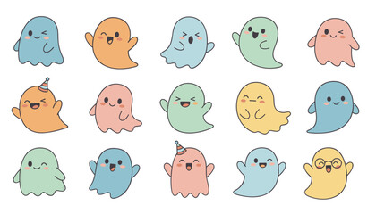 Obraz premium Grid of fifteen cute, colorful cartoon ghosts with various funny facial expressions, perfect for Halloween designs.