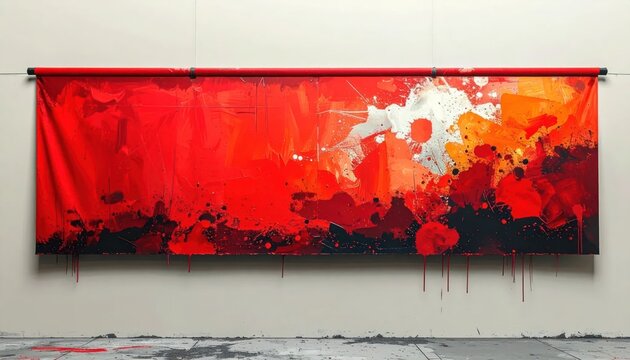 Abstract red painting with black splatters on gallery wall