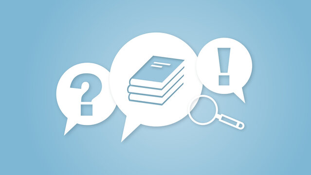 Conceptual education illustration with speech bubbles, a stack of books, a question mark, an exclamation mark, and a magnifying glass on blue background