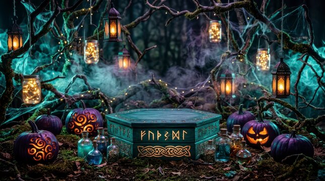 Mysterious Halloween Scene Featuring Glowing Pumpkins and Lanterns in an Enchanted Forest Setting