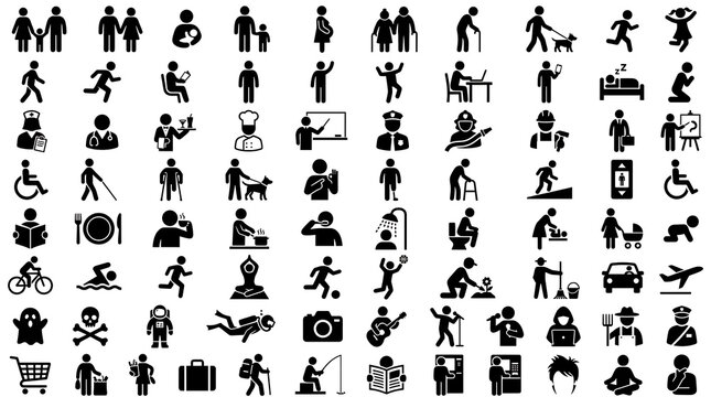 Collection of human activity icons black silhouette symbols on white background