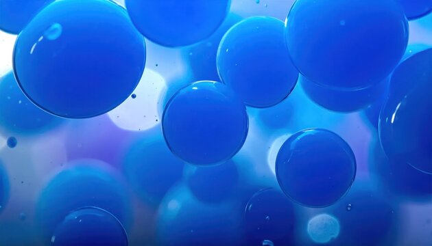 Abstract vibrant blue spheres suspended in clear liquid