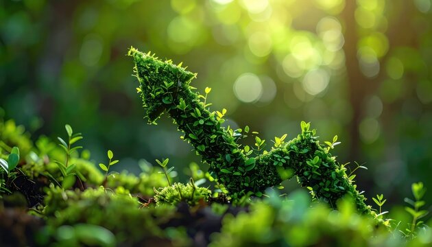 Green mossy arrow pointing up in sunny forest floor