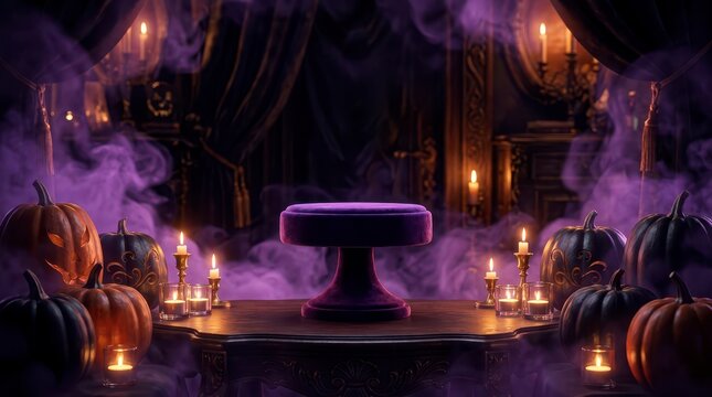 Spooky Halloween Cake Display Surrounded by Candles and Decorative Pumpkins with Dark Atmospheric Fog
