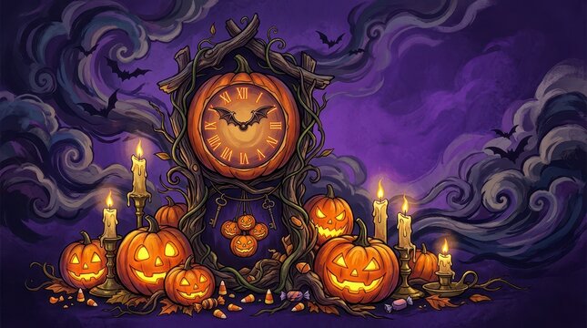Spooky Pumpkin Display with Vintage Clock and Candles Surrounded by Bats in Dark Purple Halloween Atmosphere