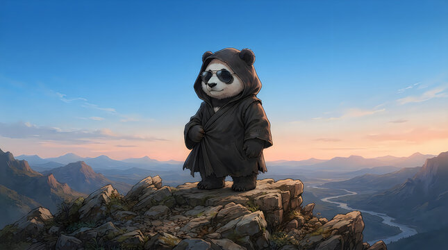 Cool panda wearing black hoodie and sunglasses on a mountain illustration