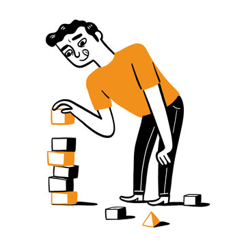 Man Stacking Blocks Illustration, Business Balance Concept Character