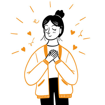 Gratitude Illustration, Woman with Hands on Chest Peaceful Character