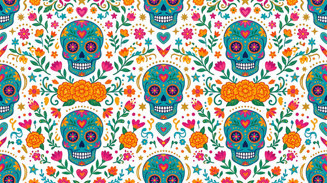 Colorful day of the dead sugar skull pattern mexican folk art style