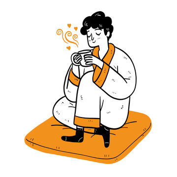 Man Drinking Coffee Illustration, Relaxing Cozy Lifestyle Character