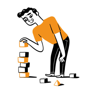 Man Stacking Blocks Illustration, Business Balance Concept Character