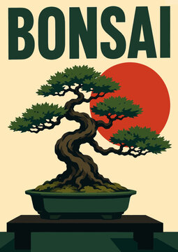 097-Bonsai tree growing in a pot on a stand with a red sun background and text