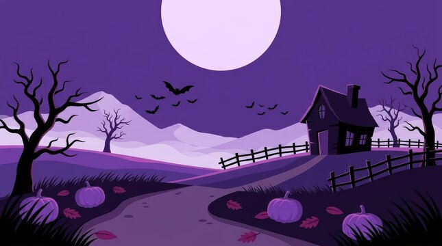 Spooky pixel art landscape featuring a haunted house under a full moon with pumpkins and bare trees