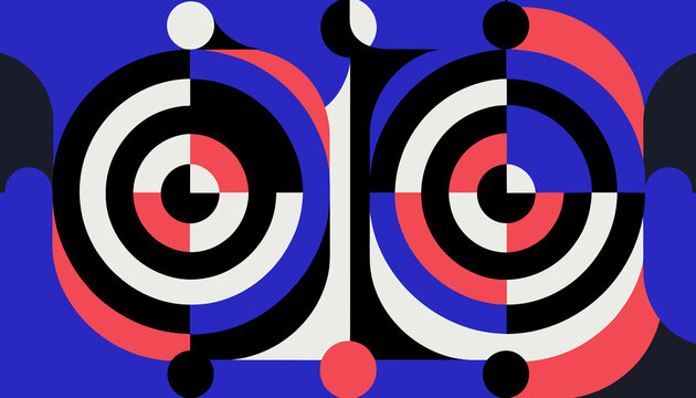 Vibrant Geometric Abstract Art with Circles and Semicircles in Blue, Red, Black, and White