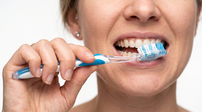 Brushing teeth. Closeup of woman brushing her teeth with toothpaste and a manual toothbrush Isolated on a white background