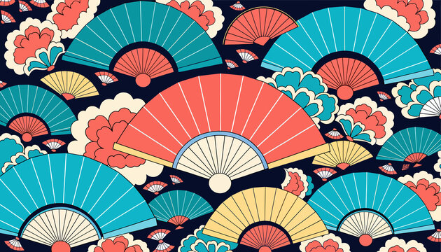 Vibrant Japanese Fans and Floral Pattern - Traditional Asian Art Motif