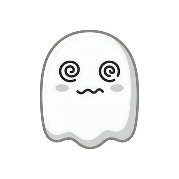 Ghost illustration shows a dizzy confused expression with spiral eyes on a plain backdrop.