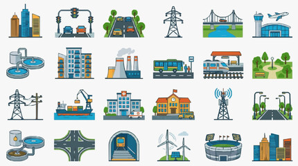 Fototapeta premium Creative Colorful Infographic Icons Set Showcasing Urban Infrastructure Transportation Utilities and Public Services