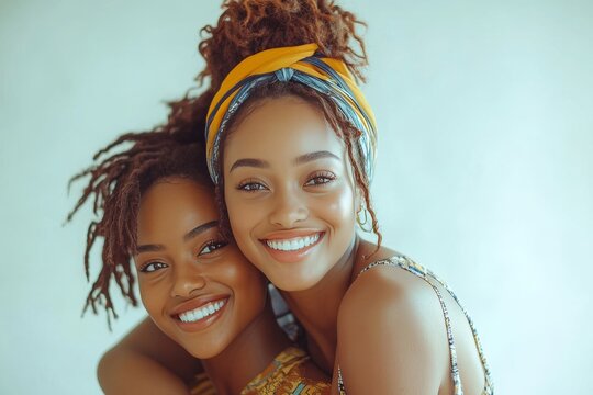 Two beautiful young women smiling and embracing in a close up portrait of best friends forever