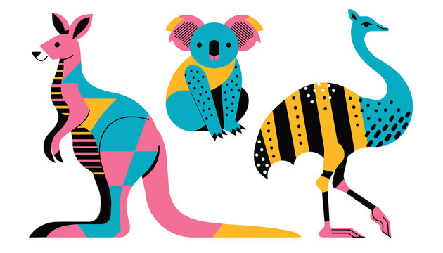 Abstract Australian Animals: Kangaroo, Koala, Emu | Graphic Illustration