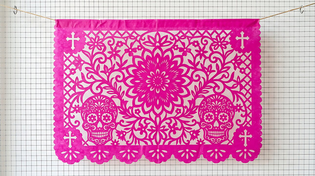 Mexican papel picado with sugar skulls for day of the dead, sugar skull