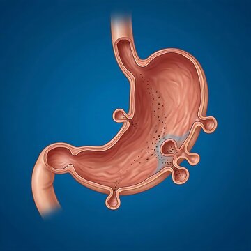 human stomach with a clear depiction of diverticula &ndash; small, pouch-like outgrowths from the stomach wall. , indicating a rare form of gastric diverticulosis