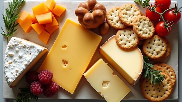 Assorted cheese platter with crackers, fresh raspberries, and tomatoes