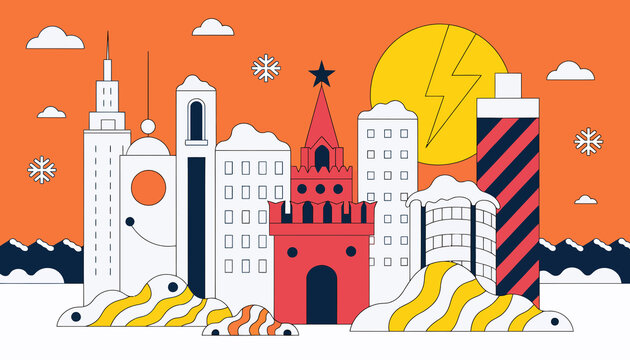 Vibrant Geometric Cityscape Illustration with Kremlin Tower and Snowy Hills