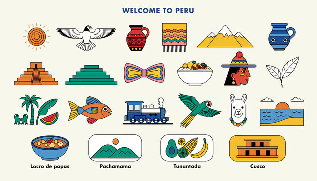 Welcome to Peru: Colorful Icons of Peruvian Culture, Landmarks, and Wildlife - Vector Illustrations