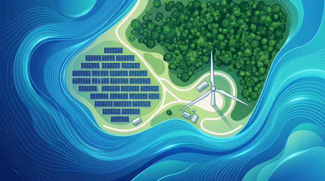 An aerial view of a green island with solar panels and a wind turbine, surrounded by swirling blue water, symbolizing sustainable energy and environmental harmony