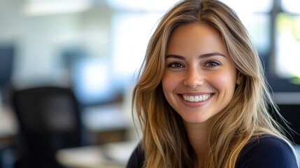 Fototapeta premium Portrait of a happy young professional woman smiling during a productive day at the modern office