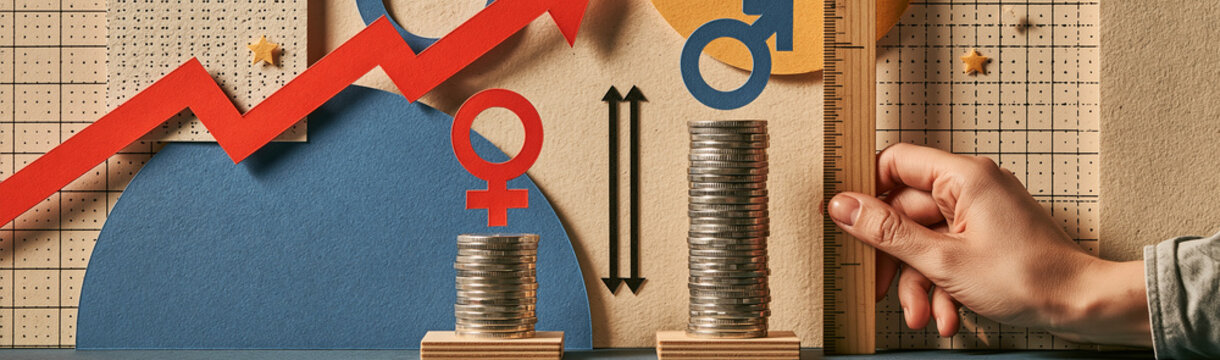 Gender Pay Gap: A visual representation illustrating the economic disparity between genders, with a red arrow symbolizing growth and two stacks of coins representing unequal earnings.