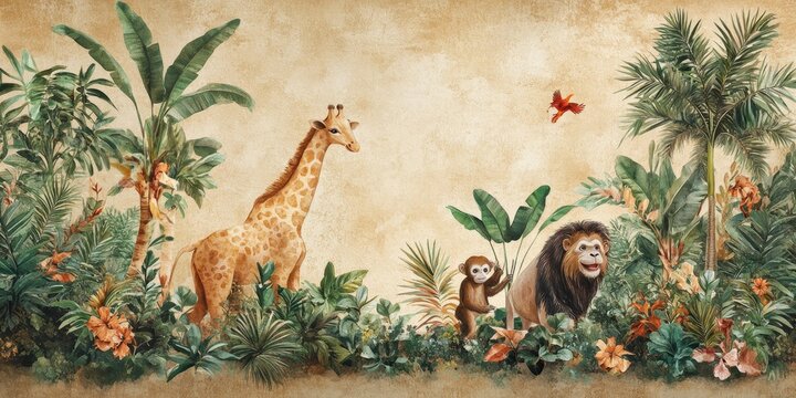 Vintage style mural wallpaper featuring african safari animals like giraffe, lion and monkey
