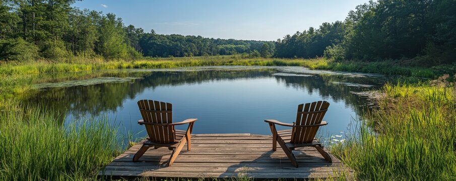 Two wooden chairs on a rustic pier overlooking a calm pond surrounded by lush green forest trees