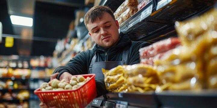 Young man with down syndrome working in a supermarket restocking fresh food on store shelves