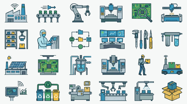 Industrial Showcasing Modern Manufacturing Automation Robotics and Sustainable Practices with Colorful Icons