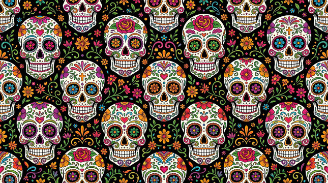 Seamless pattern with decorated sugar skulls and colorful flowers, seamless