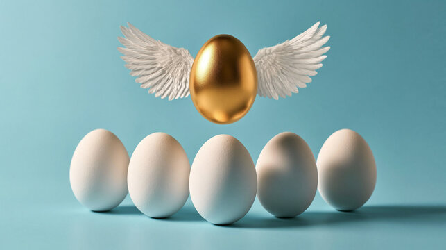 Golden Egg with Wings Soaring Above Ordinary Eggs: A single golden egg with majestic white wings takes flight, symbolizing uniqueness and opportunity, while other white eggs remain grounded.