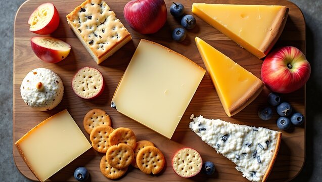 Assorted cheese board with fresh apples, blueberries, and crackers