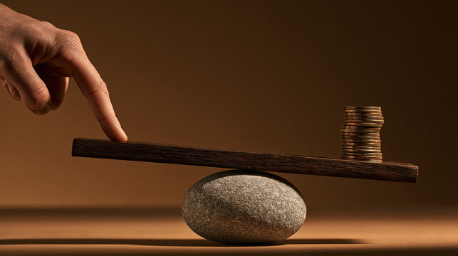 The Delicate Balance of Wealth: A hand carefully balances a stack of coins against a single finger on a makeshift scale, illustrating the precarious equilibrium between financial stability and risk.