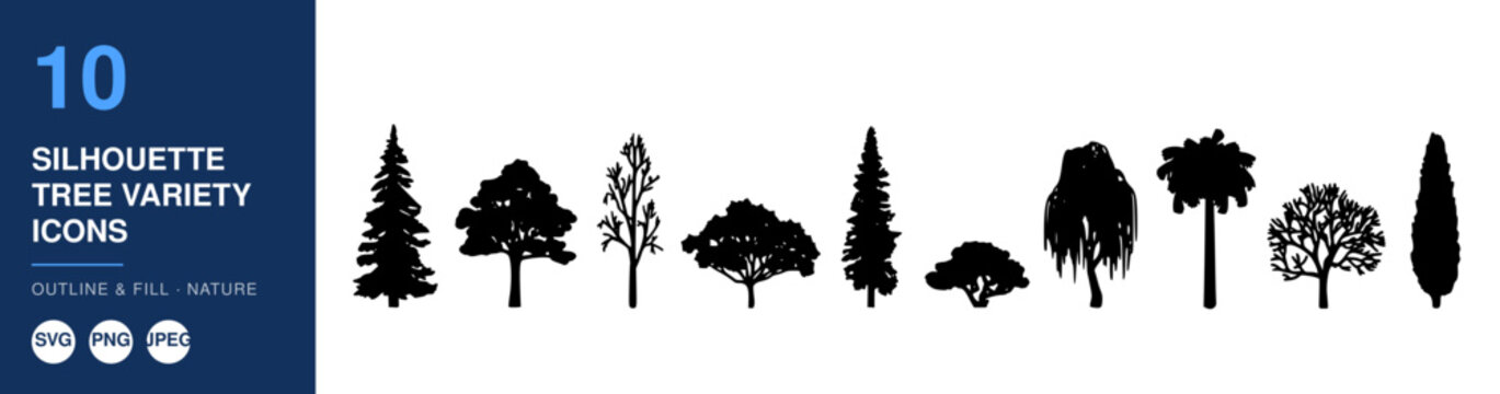 Trees Silhouettes in a Variety of Shapes and Sizes, Presented as a Collection of Black Vector Icons on a White Background.