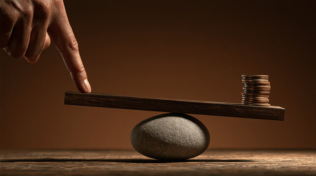 Financial Balance: A finger points to a balanced scale, with coins on one side and the fulcrum represented by a stone, symbolizing financial equilibrium and careful management.