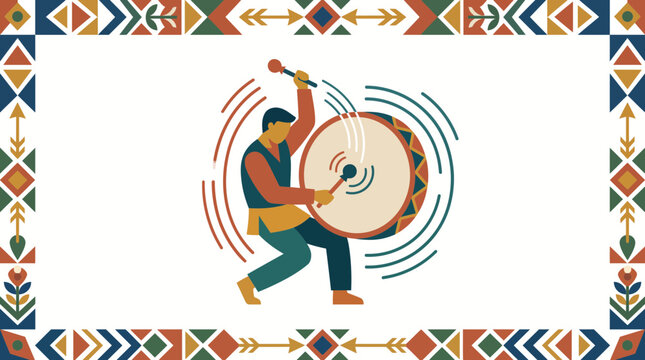 Stylized vector illustration featuring person playing traditional percussion instrument surrounded by intricate geometric patterned border with rhythmic motion lines