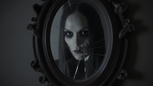 Eerie Reflection in a Cracked Mirror with Haunting Portrait