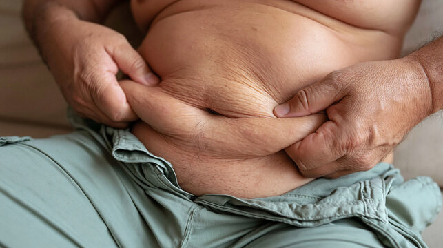 Excessive Abdominal Fat: A close-up shot of a person pinching their excessive abdominal fat, highlighting issues of obesity and weight management.